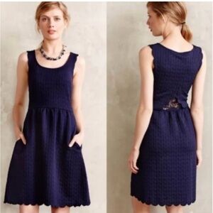 MAEVE navy textured knit Caye dress with lace insert back with pockets